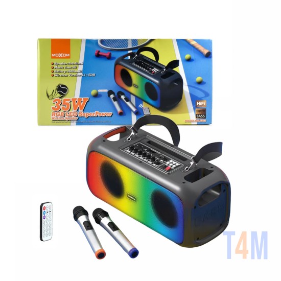 Coluna Bluetooth RGB Moxom MX-SK52 com 2 Microfones Sem Fios e Remoto 35W Preto